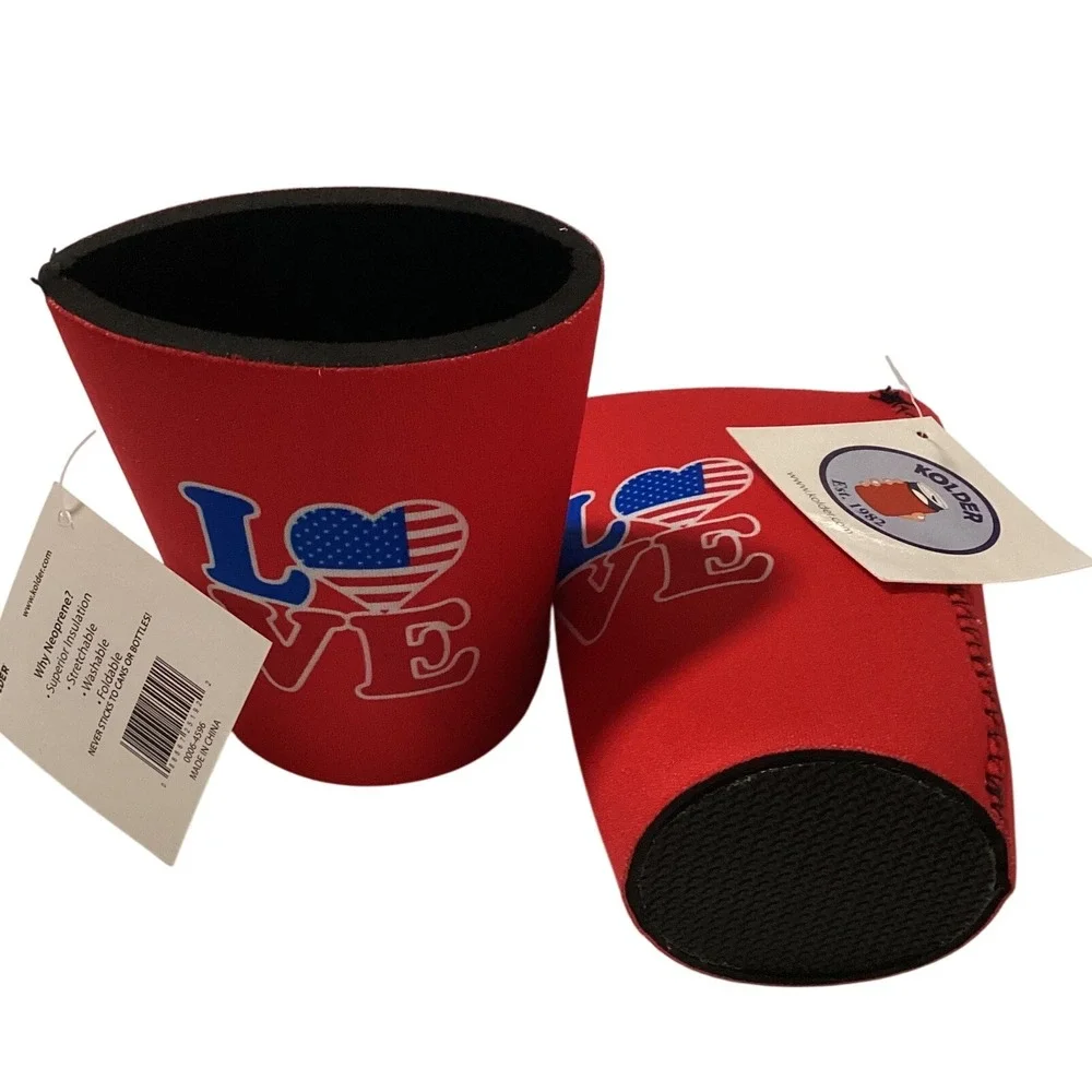 2-Kolder Patriotic LOVE USA Flag‎ Drink Coozie Neoprene Can Cooler Sleeves Set